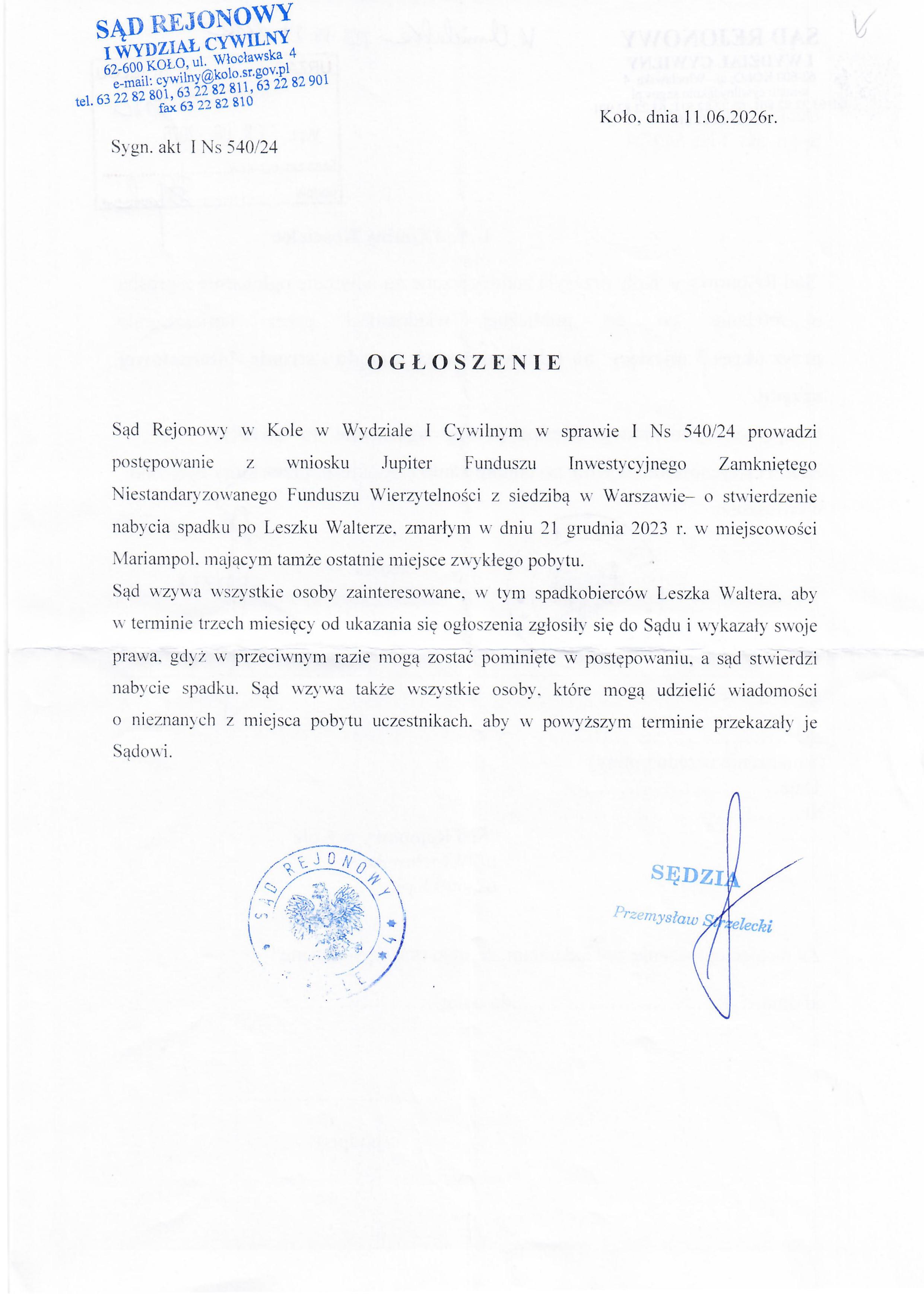 Ogłoszenie Sądy Rejonowego w&nbsp;Kole w&nbsp;sprawie prowadzonego postępowania